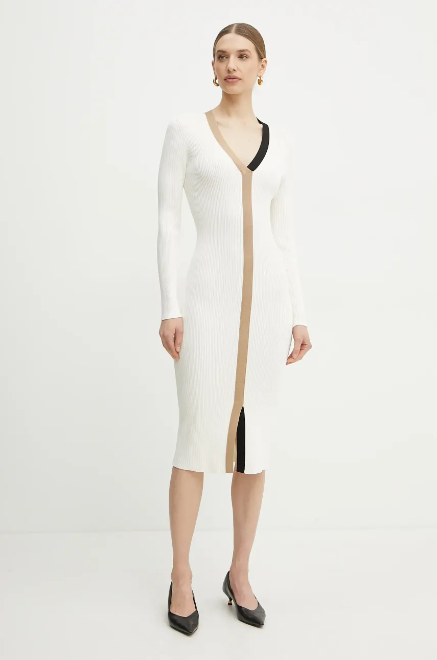 BOSS rochie culoarea bej, midi, mulată, 50537746