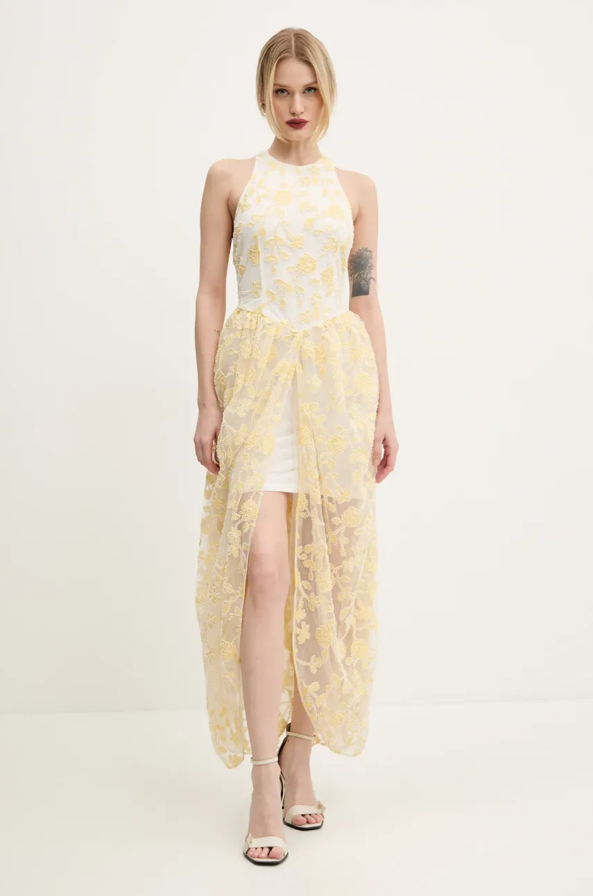 Rotate rochie culoarea galben, maxi, evazată, 113976858