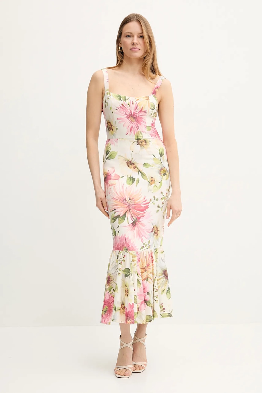 Levně Šaty Guess FLEUR béžová barva, midi, přiléhavé, W5GK20 WH4S2