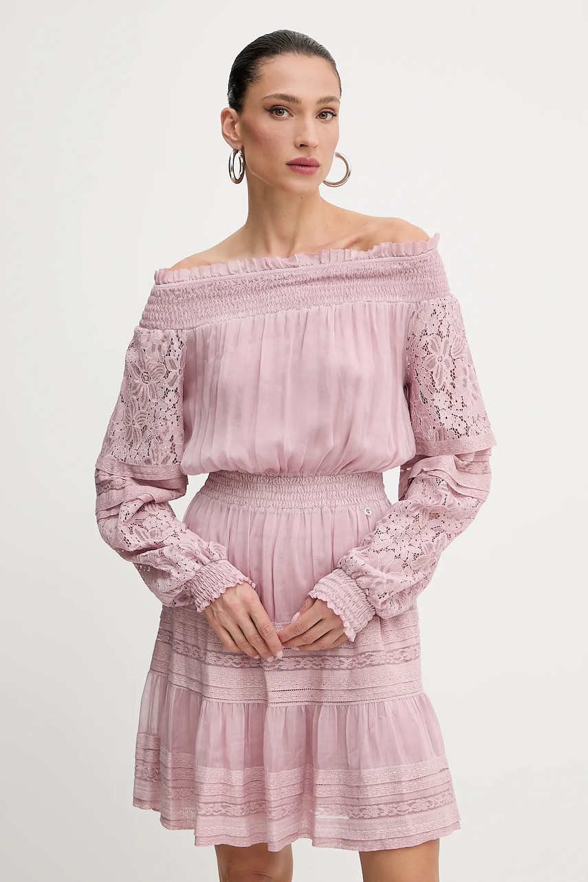 Levně Bavlněné šaty Guess AUDREY růžová barva, mini, W5GK24 WE550