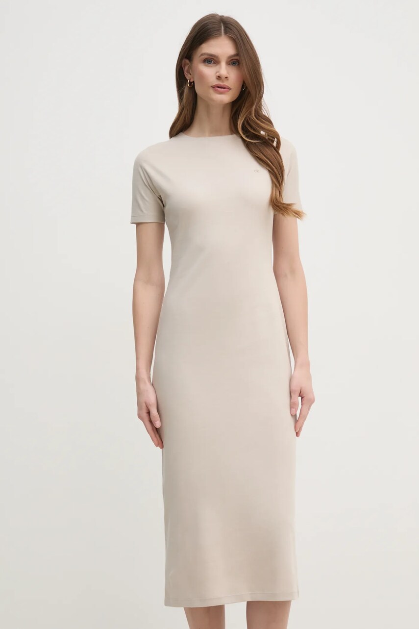 Levně Bavlněné šaty Calvin Klein béžová barva, midi, K20K208299