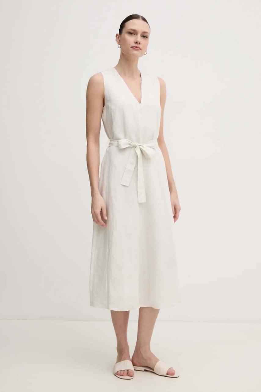 Šaty s příměsí lnu Calvin Klein béžová barva, midi, K20K208424