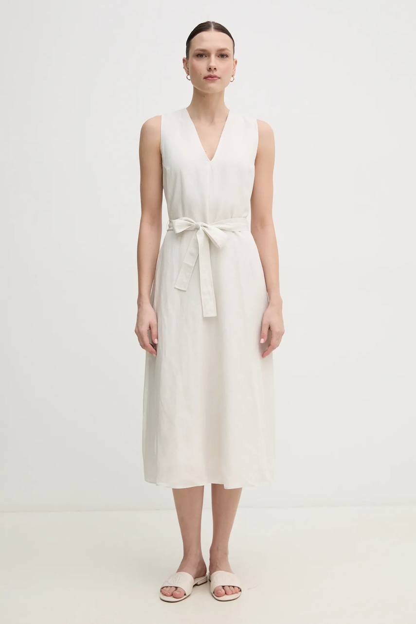 Сукня з домішкою льону Calvin Klein колір бежевий midi розкльошена K20K208424
