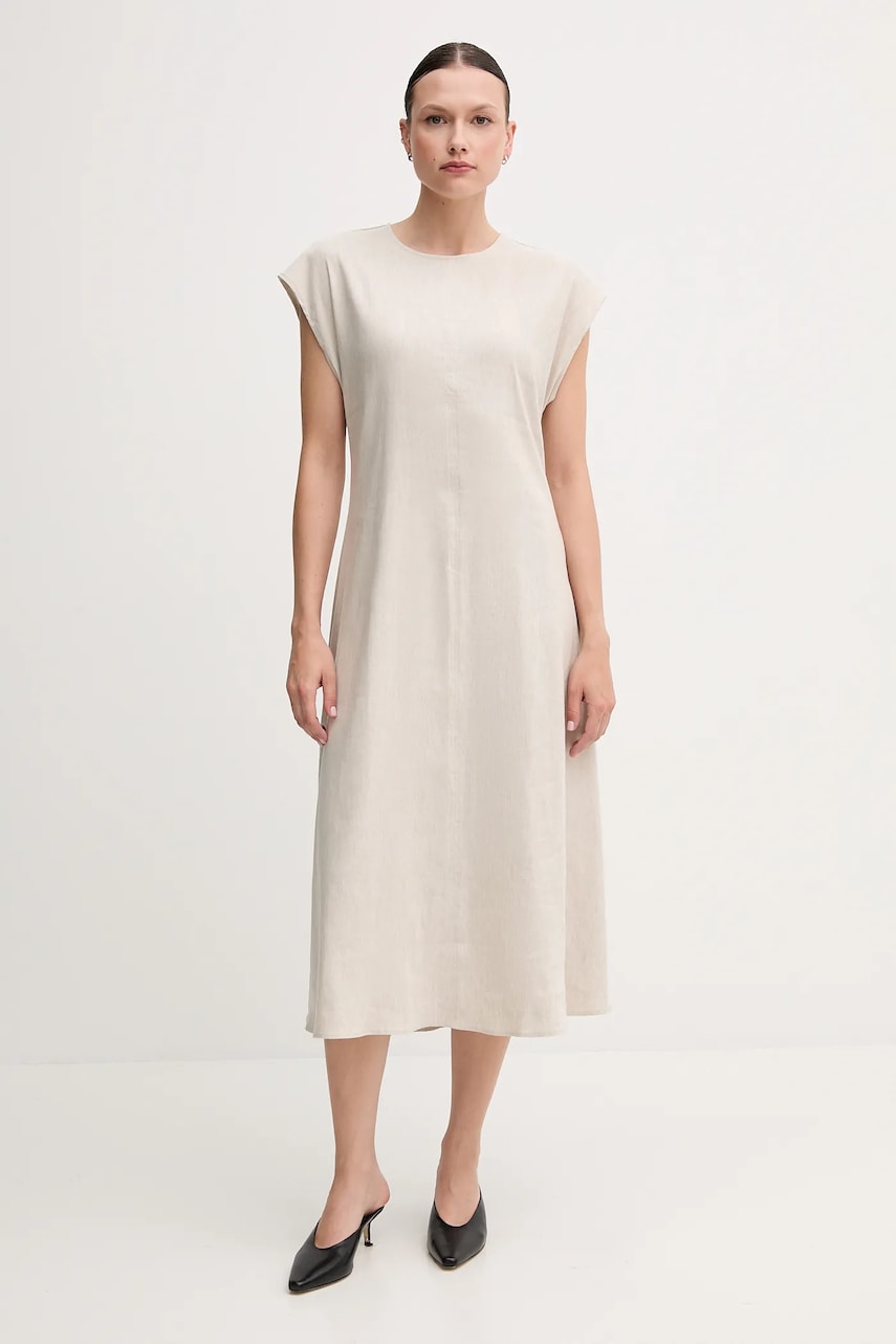 Levně Lněné šaty Calvin Klein béžová barva, midi, LV044B041G