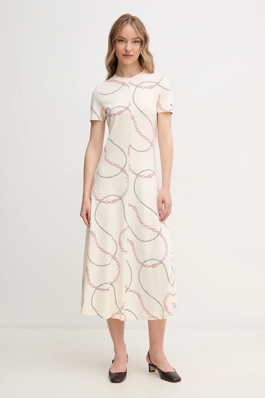 Levně Bavlněné šaty Tommy Hilfiger béžová barva, midi, WW0WW44547