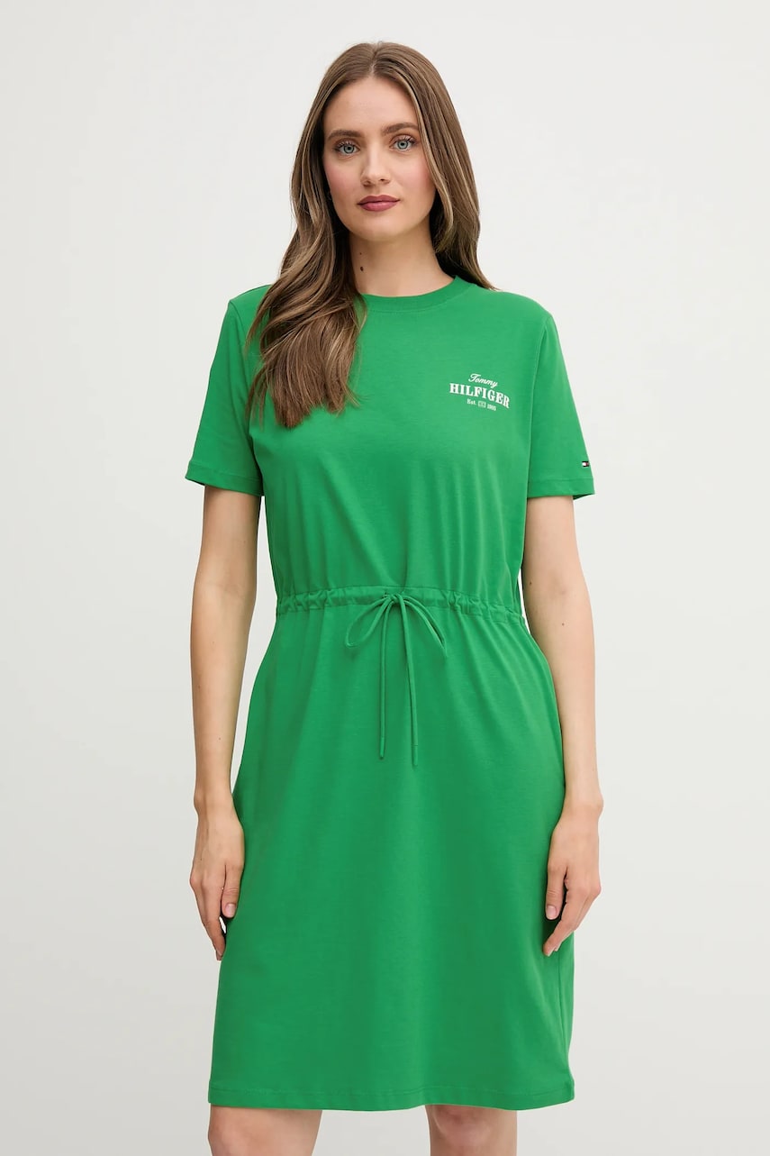Levně Bavlněné šaty Tommy Hilfiger zelená barva, mini, WW0WW45529