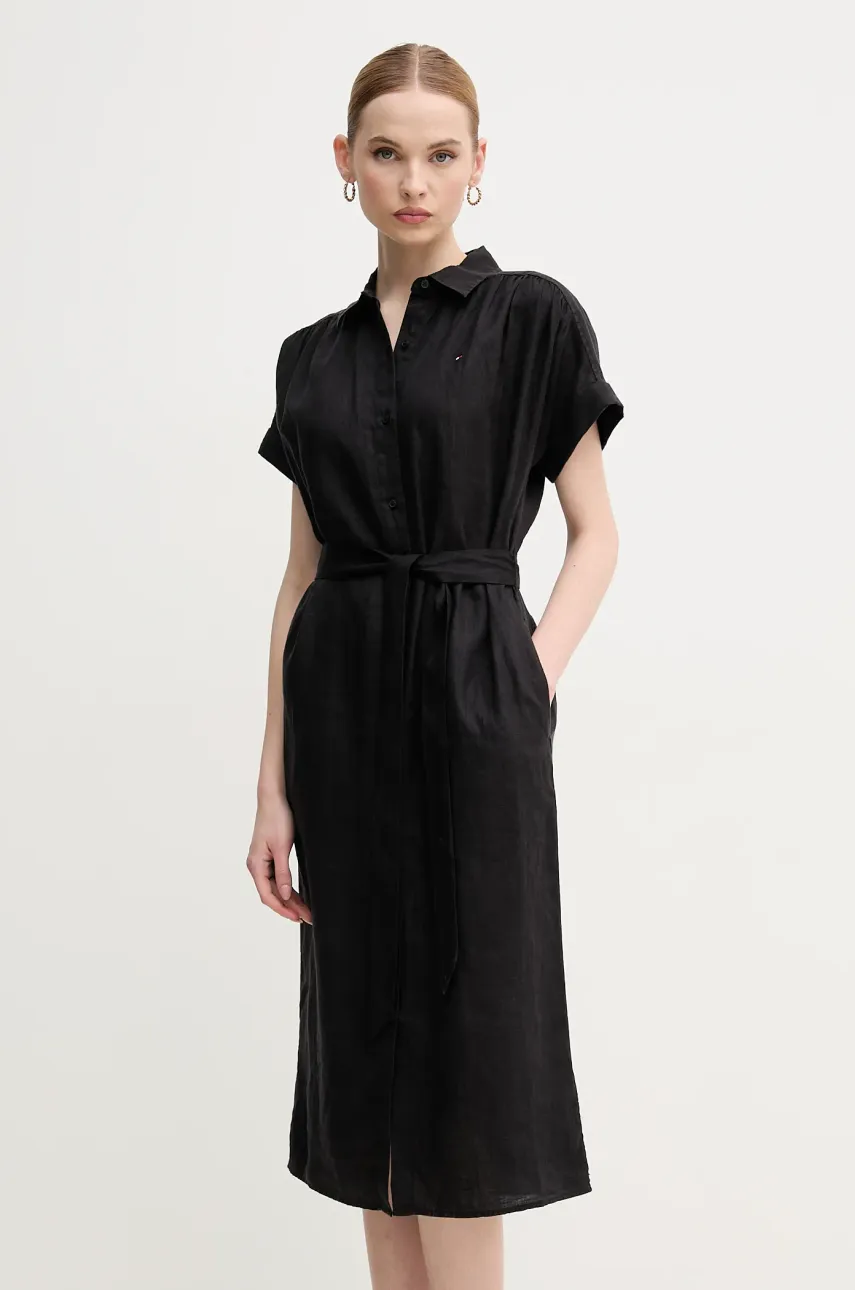 Lněné šaty Tommy Hilfiger černá barva, midi, WW0WW44653