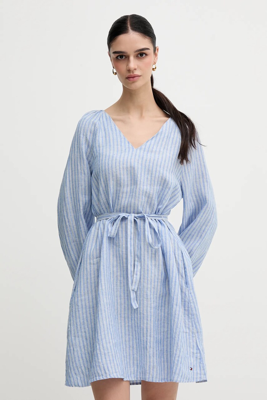 Levně Lněné šaty Tommy Hilfiger modrá barva, mini, WW0WW44666