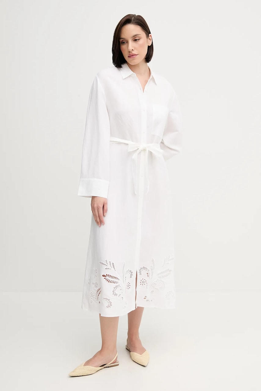 Levně Lněné šaty Tommy Hilfiger béžová barva, midi, WW0WW45939