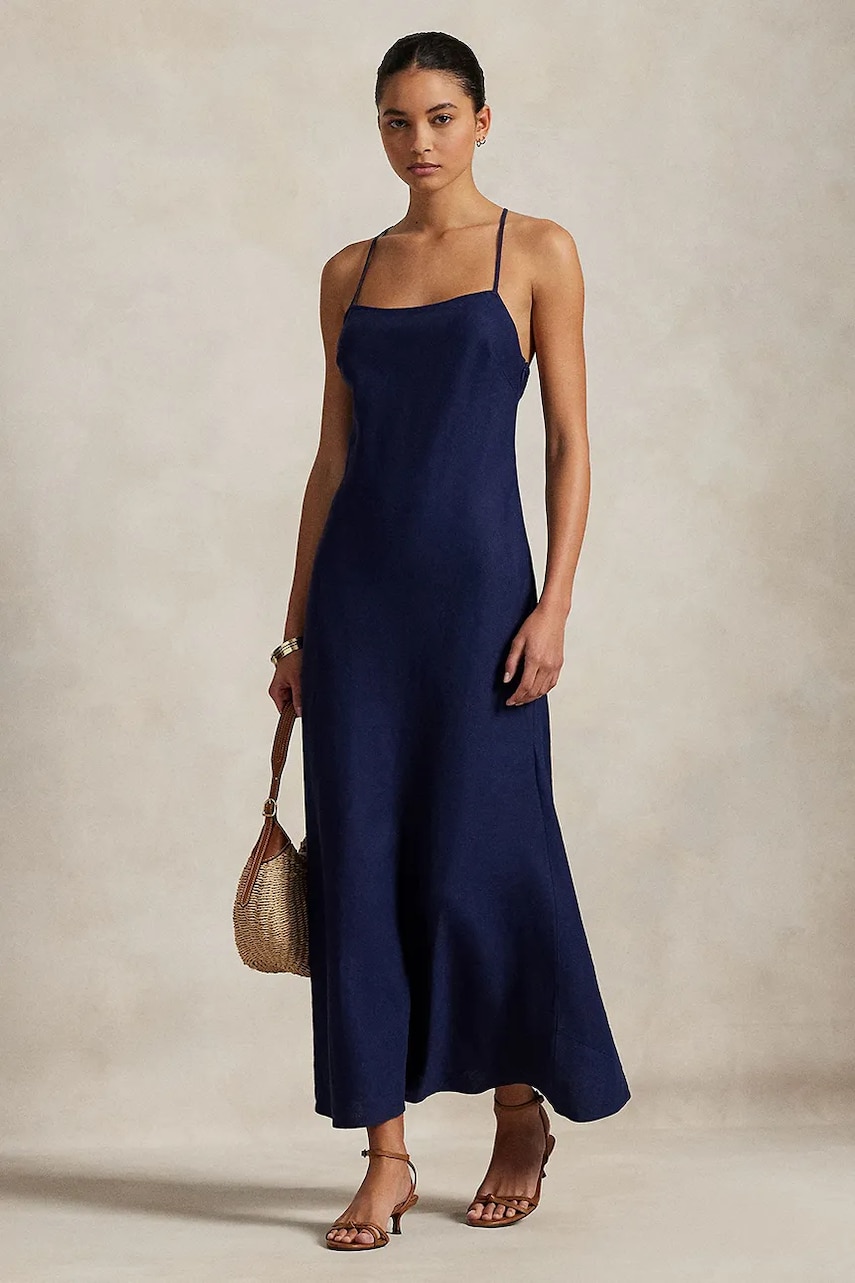 Льняна сукня Polo Ralph Lauren колір синій maxi розкльошена 211965858