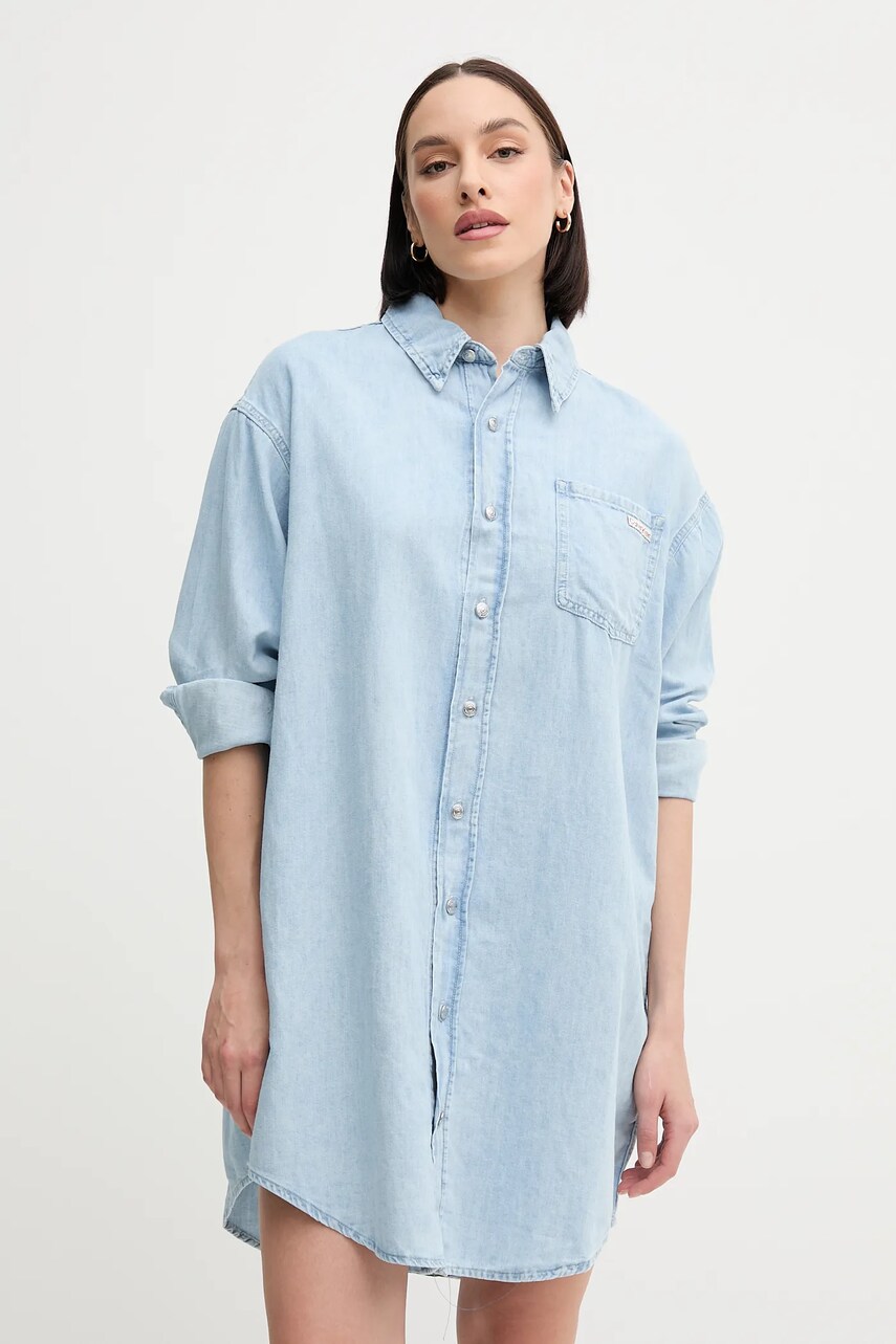 Levně Šaty s příměsí lnu Calvin Klein Jeans modrá barva, mini, oversize, J20J225172