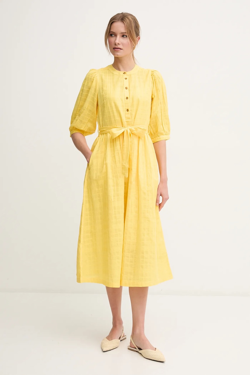 Barbour rochie din bumbac Heidi culoarea galben, midi, evazati, LDR0893YE32 Barbour rochie din bumbac Heidi culoarea galben, midi, evazati, LDR0893YE32