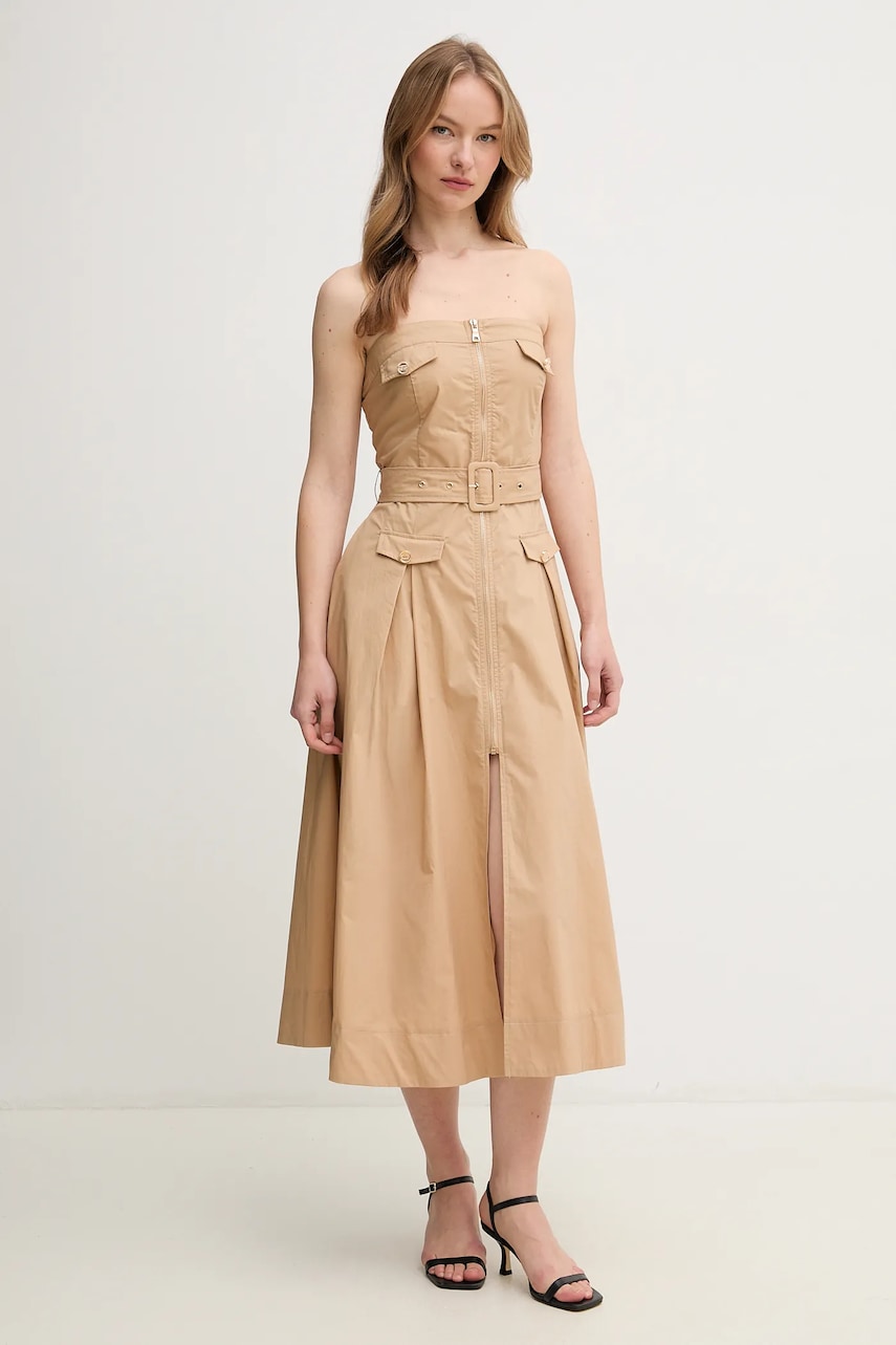 Gaudi rochie din bumbac culoarea bej, midi, evazată, 511FD15017