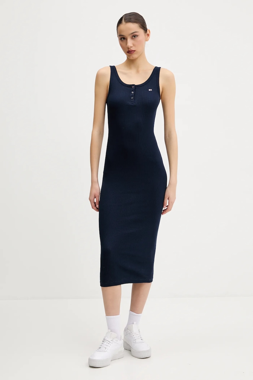 Tommy Jeans rochie din bumbac culoarea bleumarin, midi, mulata, DW0DW19477 Tommy Jeans rochie din bumbac culoarea bleumarin, midi, mulata, DW0DW19477
