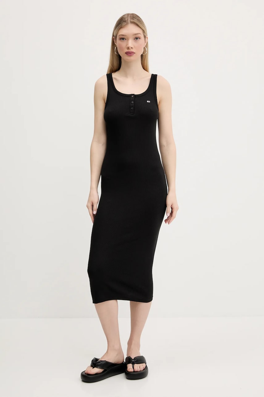 Tommy Jeans rochie din bumbac culoarea negru, midi, mulată, DW0DW19477