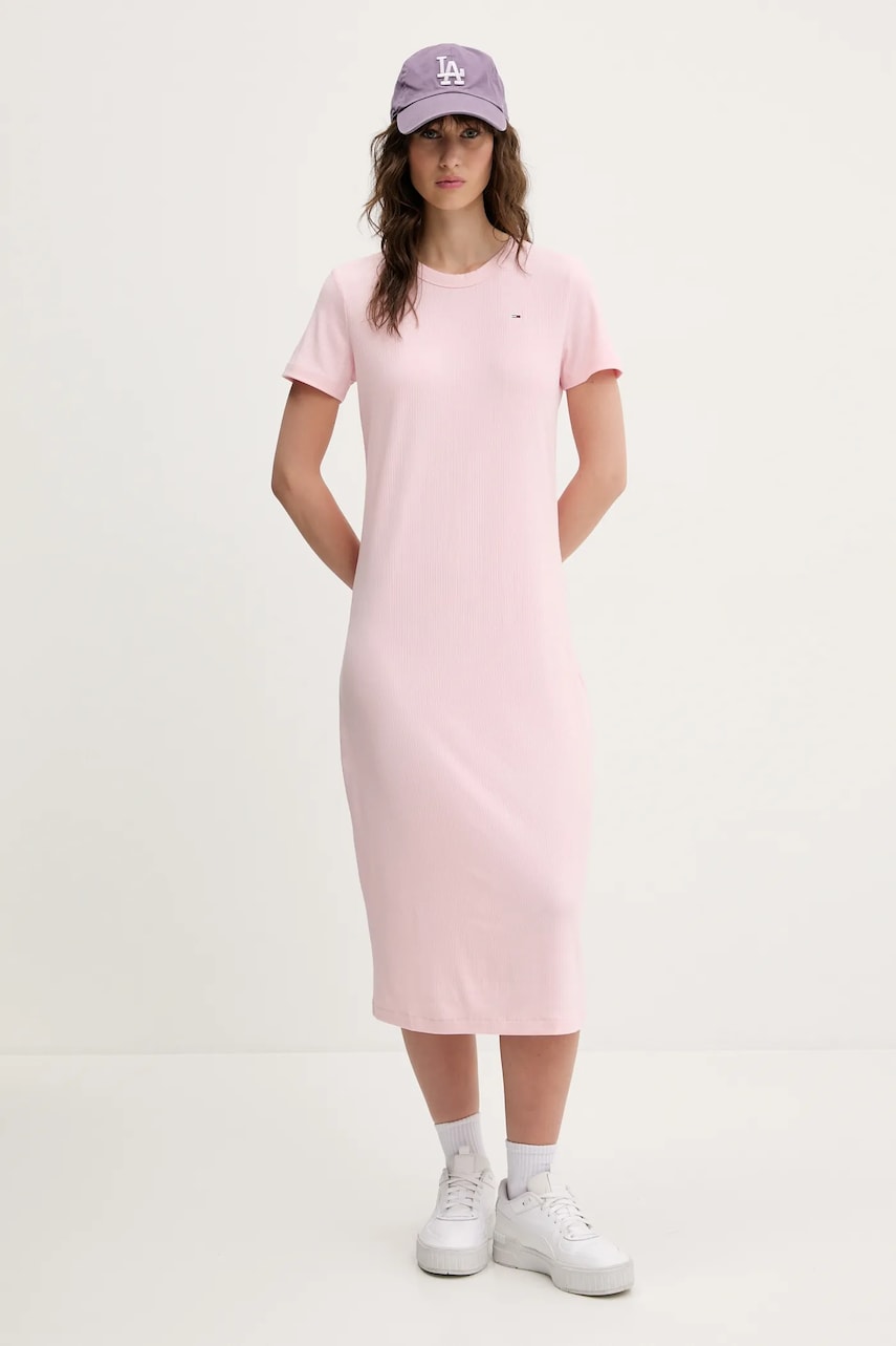 Tommy Jeans rochie culoarea roz, midi, evazati, DW0DW19721