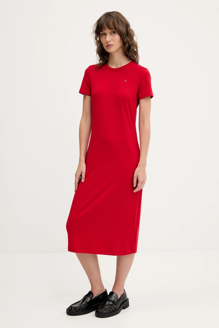 Tommy Jeans rochie culoarea rosu, midi, evazată, DW0DW19721