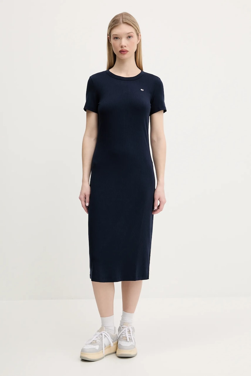 Tommy Jeans rochie culoarea bleumarin, midi, evazati, DW0DW19721 Tommy Jeans rochie culoarea bleumarin, midi, evazati, DW0DW19721