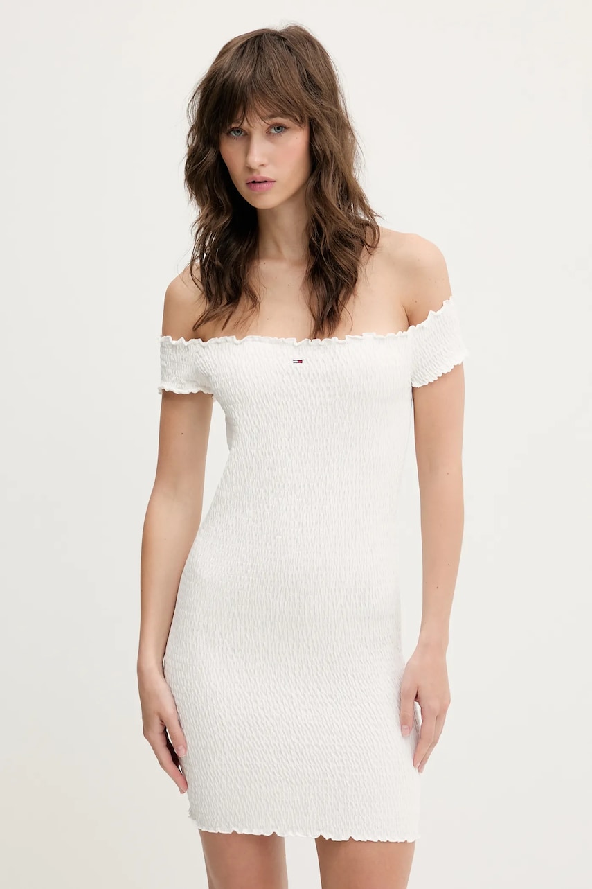 Tommy Jeans rochie culoarea alb, mini, mulata, DW0DW20298 Tommy Jeans rochie culoarea alb, mini, mulata, DW0DW20298