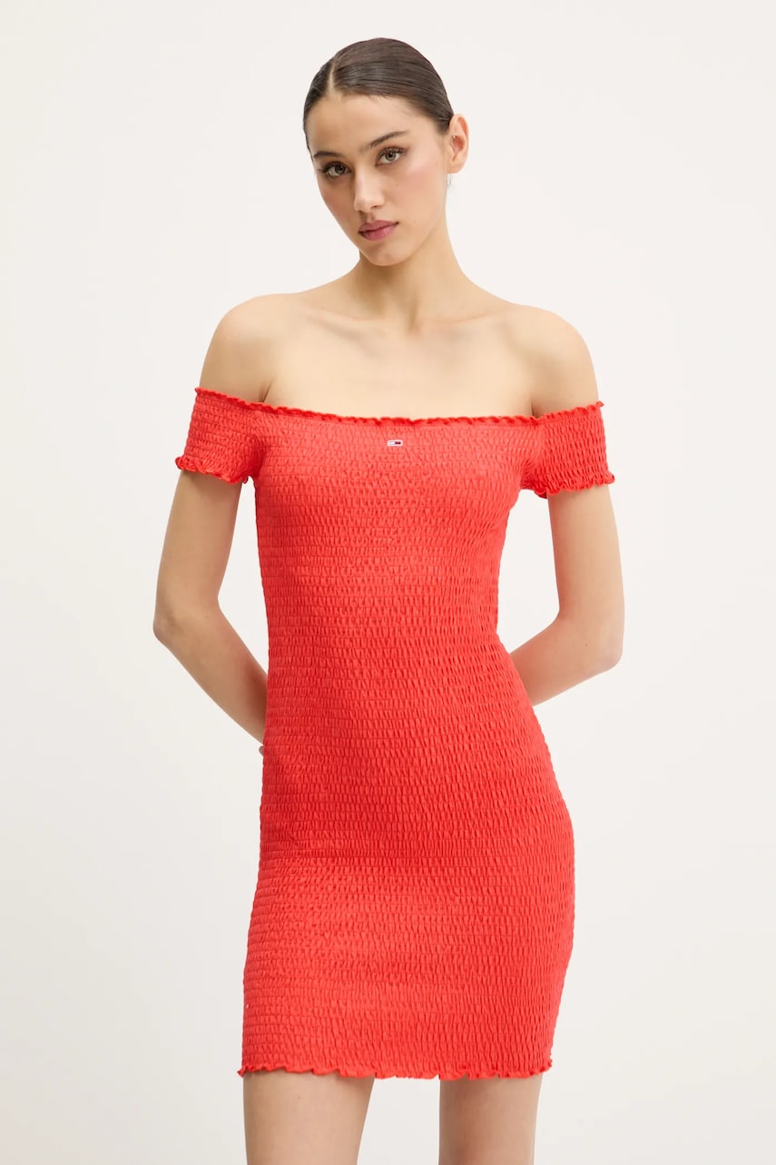 Tommy Jeans rochie culoarea portocaliu, mini, mulata, DW0DW20298 Tommy Jeans rochie culoarea portocaliu, mini, mulata, DW0DW20298