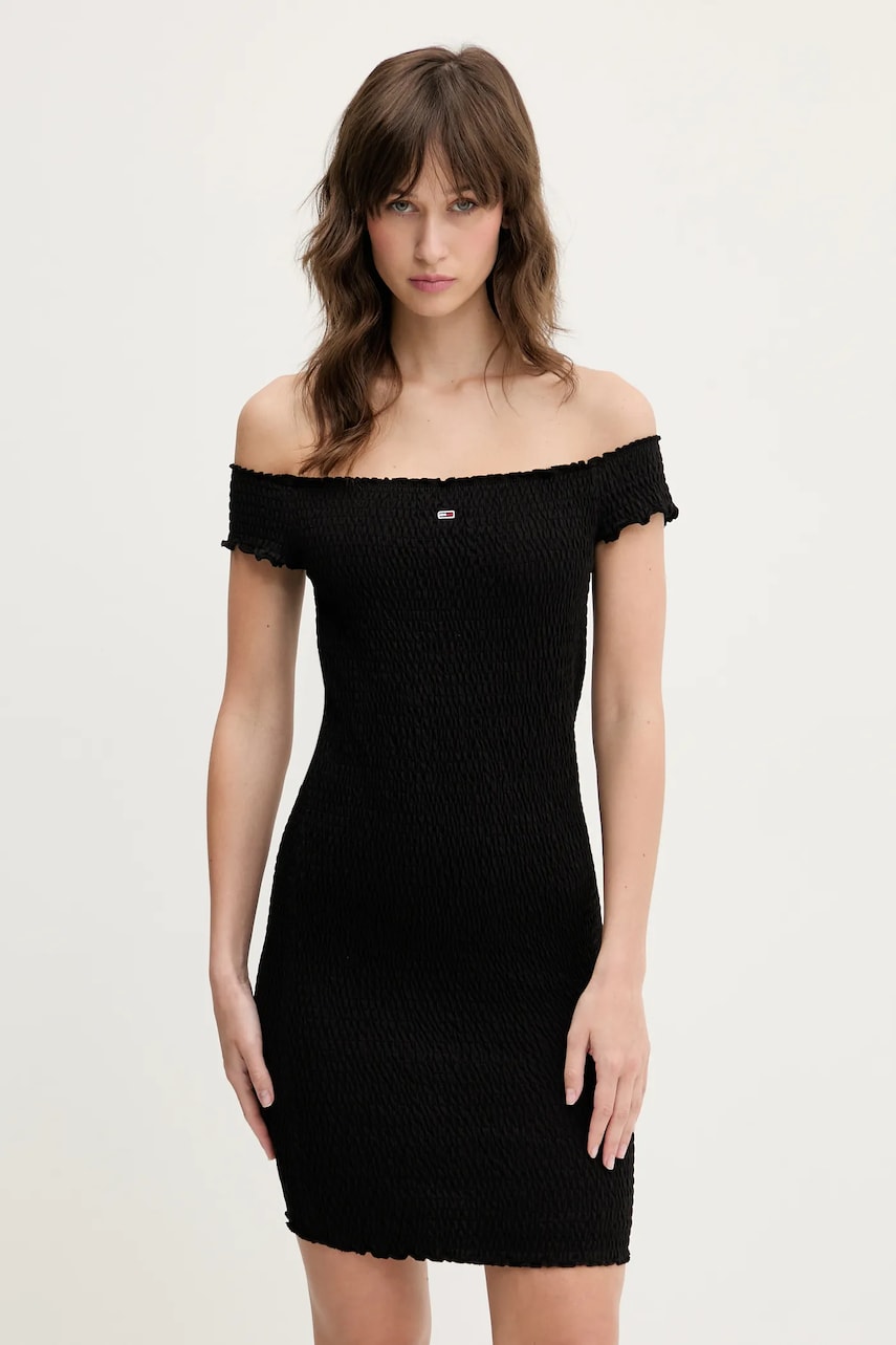 Tommy Jeans rochie culoarea negru, mini, mulata, DW0DW20298 Tommy Jeans rochie culoarea negru, mini, mulata, DW0DW20298