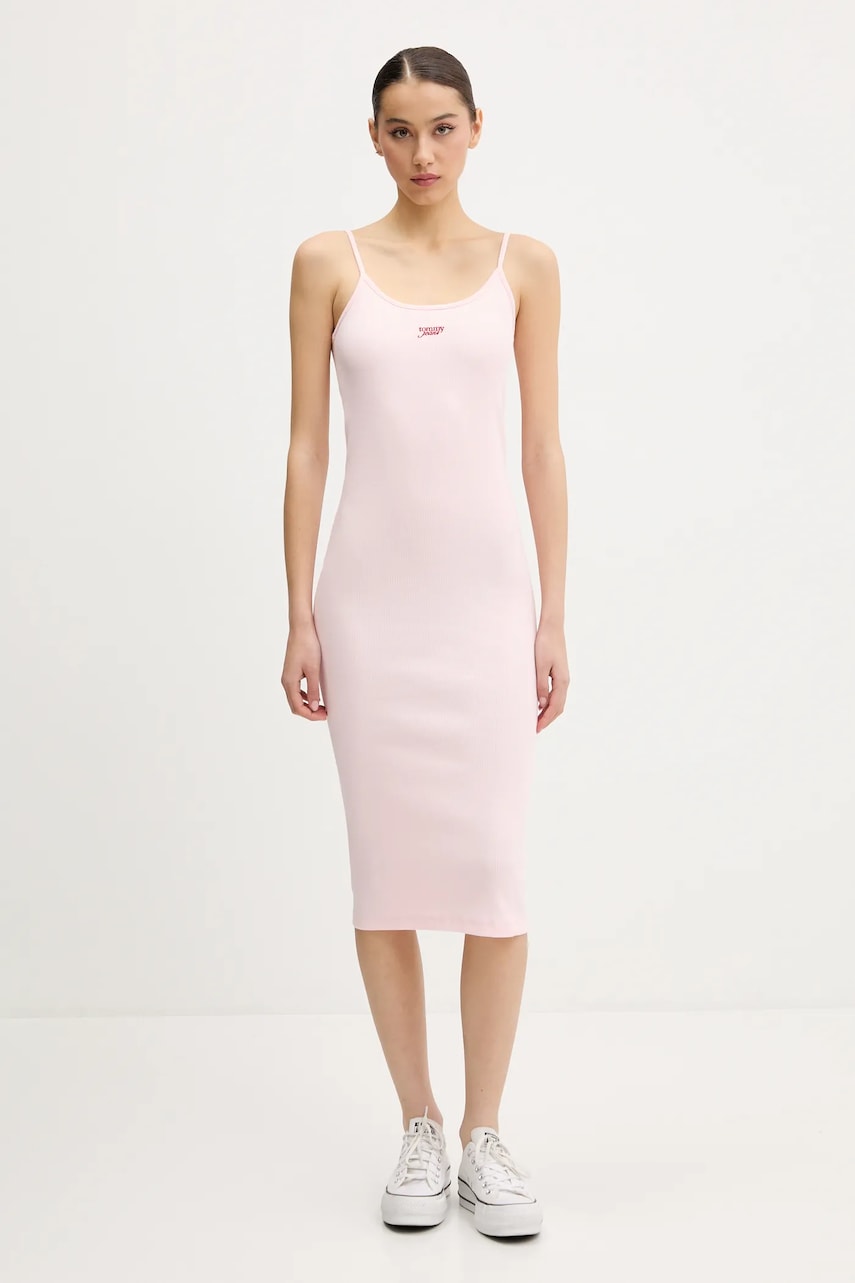 Tommy Jeans rochie culoarea roz, midi, mulată, DW0DW20330