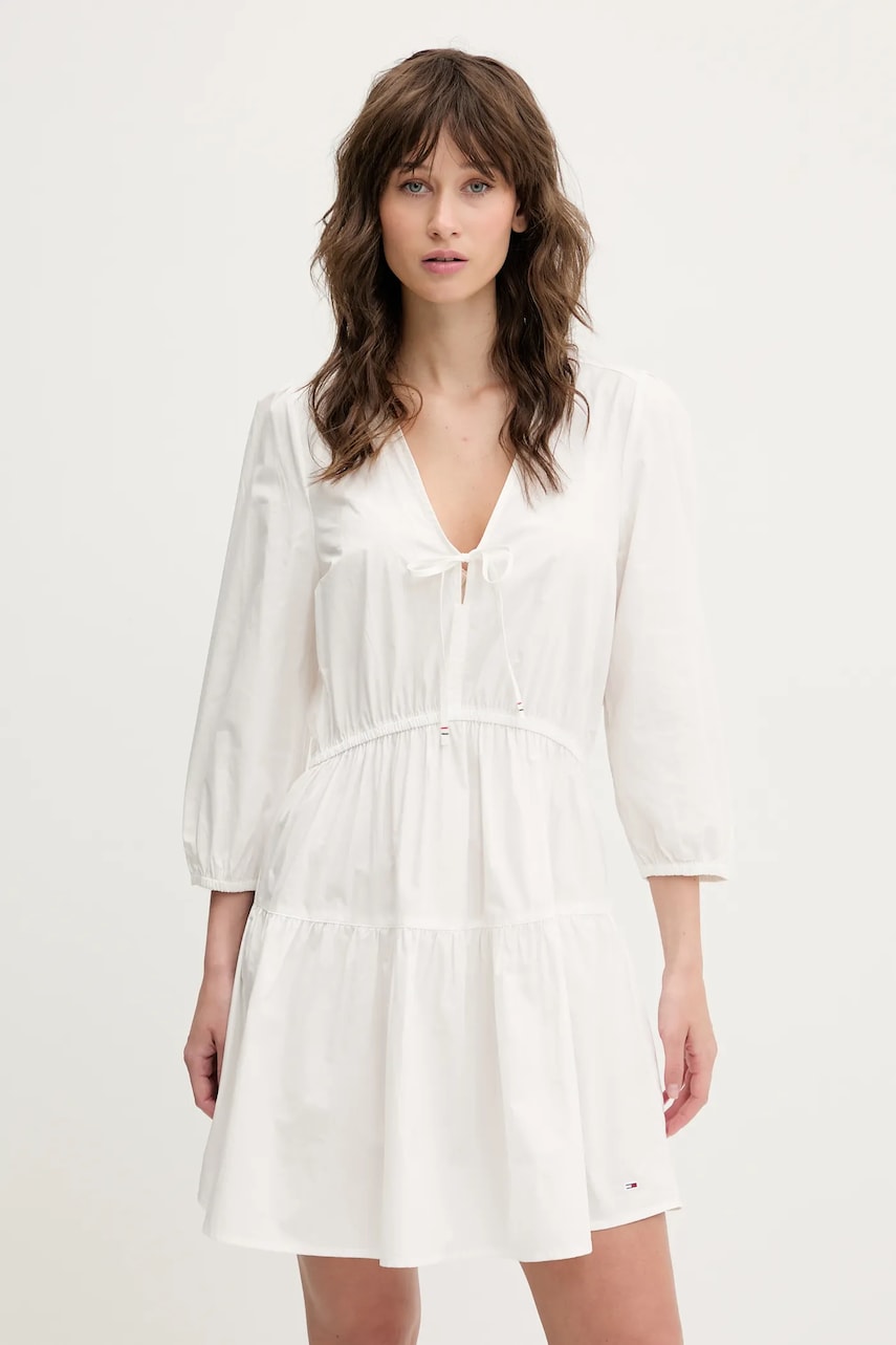 Tommy Jeans rochie din bumbac culoarea alb, mini, evazată, DW0DW20341