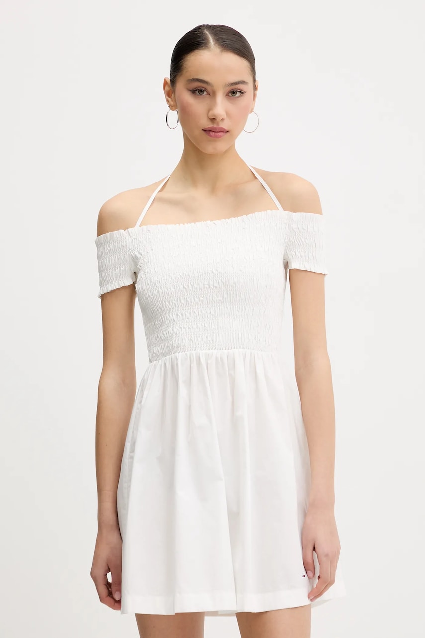 Tommy Jeans rochie din bumbac culoarea alb, mini, evazati, DW0DW20343