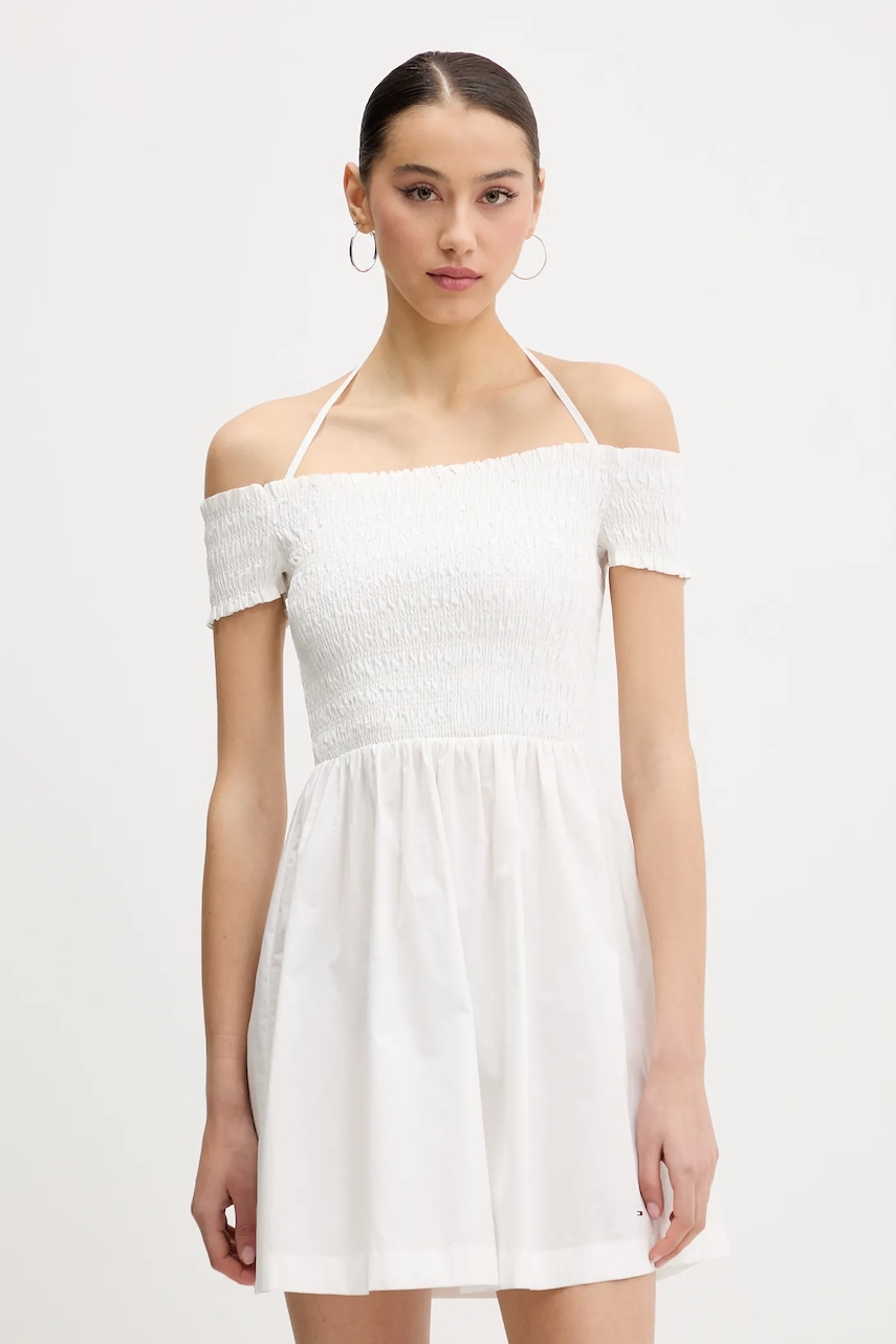 Tommy Jeans rochie din bumbac culoarea alb, mini, evazată, DW0DW20343
