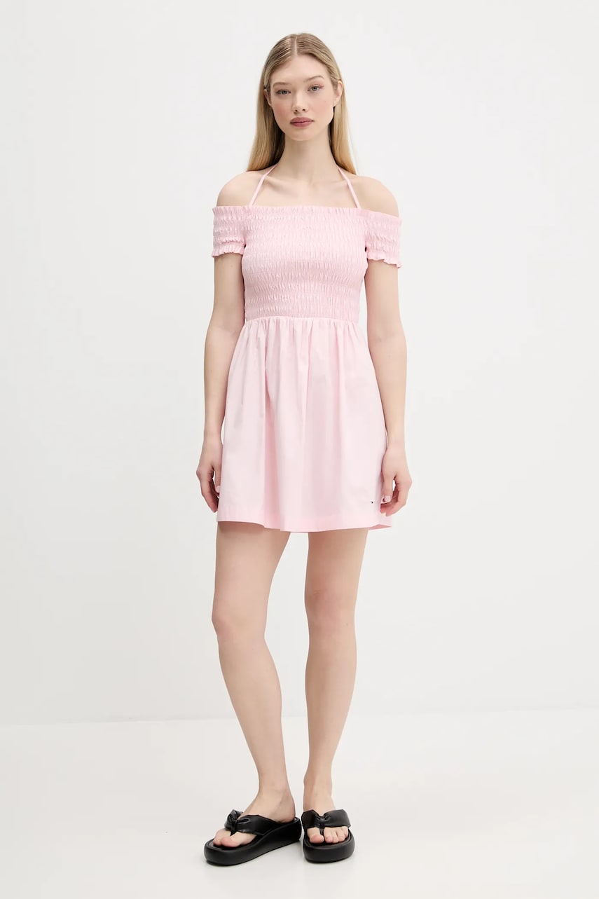 Бавовняна сукня Tommy Jeans колір рожевий mini розкльошена DW0DW20343