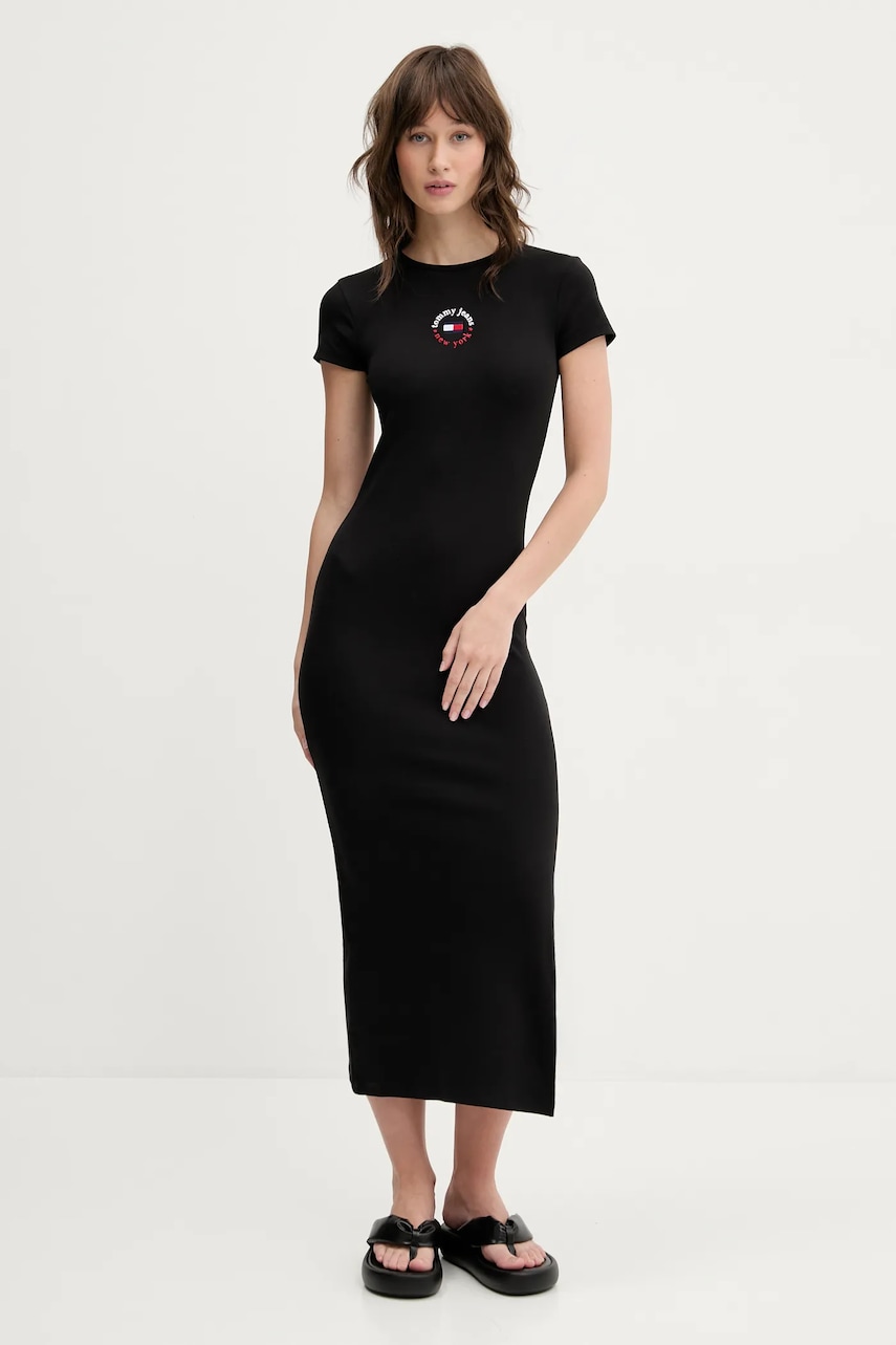 Tommy Jeans rochie culoarea negru, midi, mulată, DW0DW20384