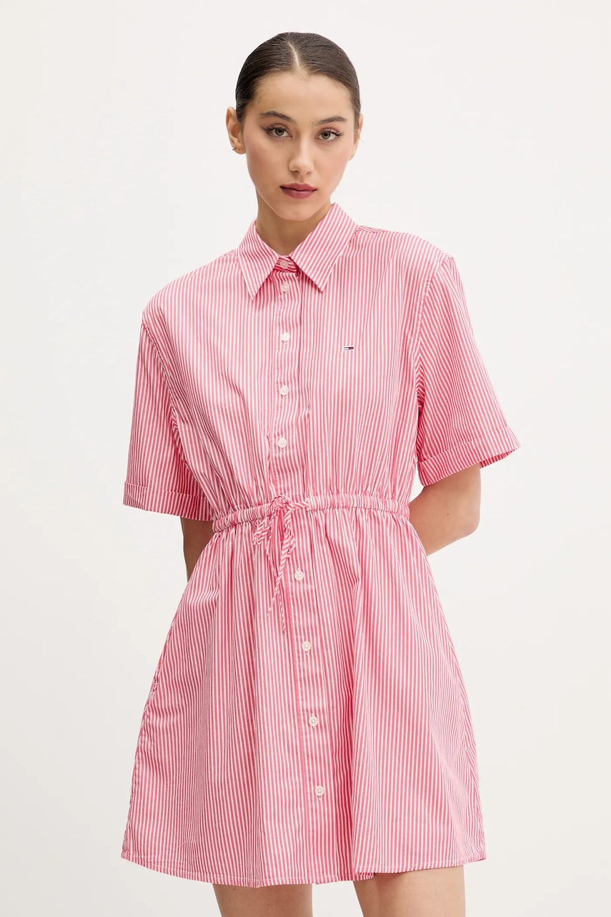 Tommy Jeans rochie din bumbac culoarea roz, mini, evazată, DW0DW20617