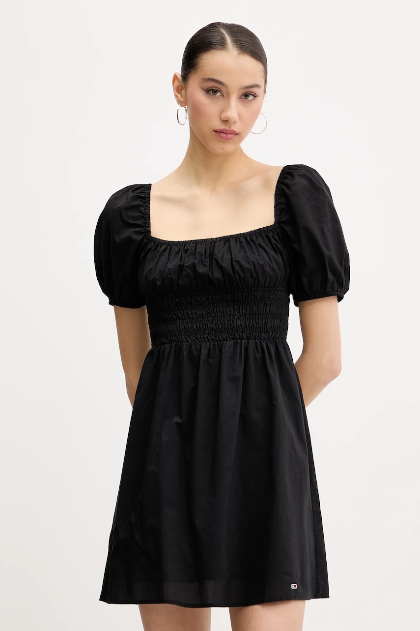 Tommy Jeans rochie din bumbac culoarea negru, mini, evazati, DW0DW21334 Tommy Jeans rochie din bumbac culoarea negru, mini, evazati, DW0DW21334