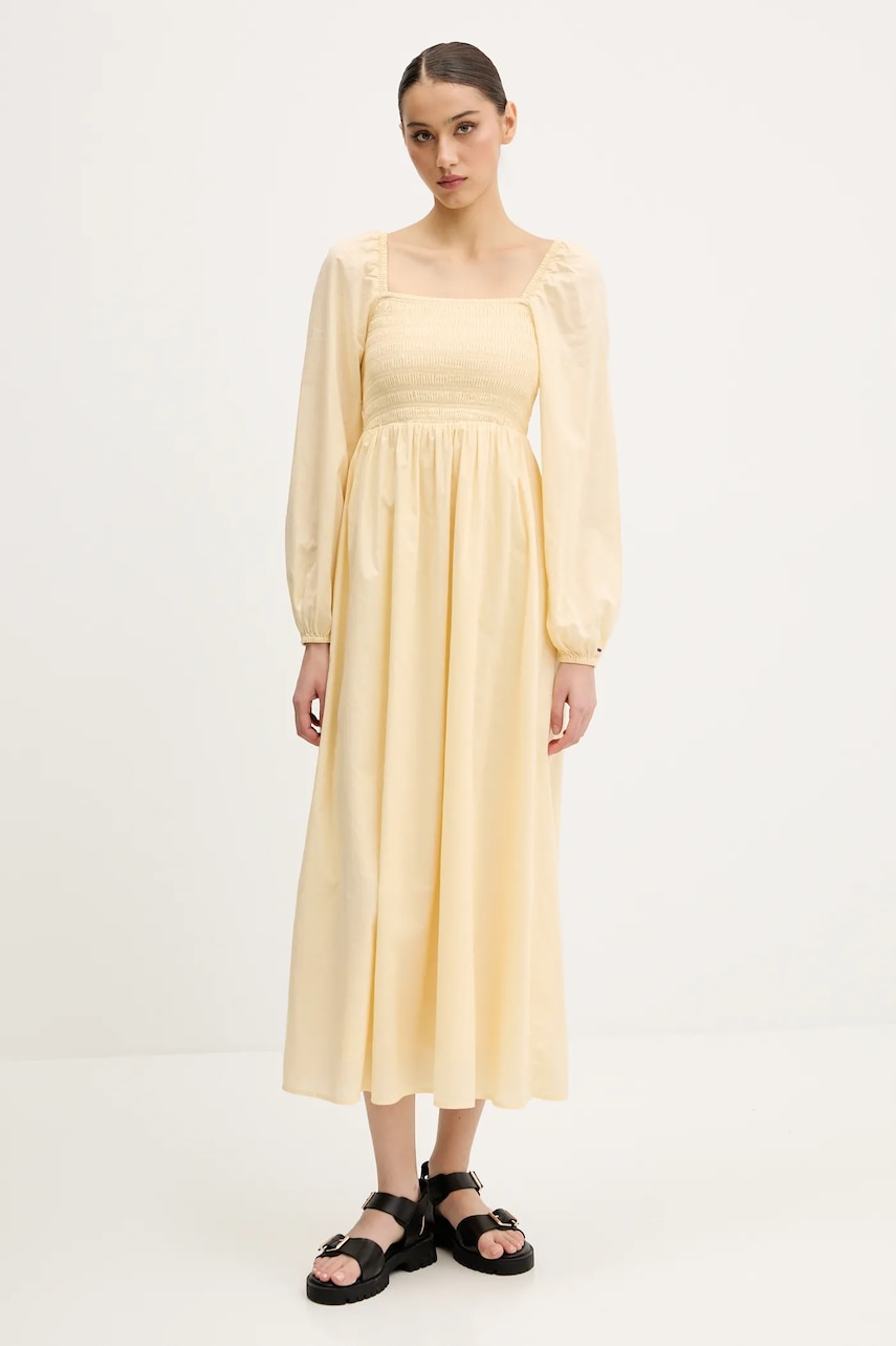 Tommy Jeans rochie din bumbac culoarea galben, midi, evazati, DW0DW21335 Tommy Jeans rochie din bumbac culoarea galben, midi, evazati, DW0DW21335