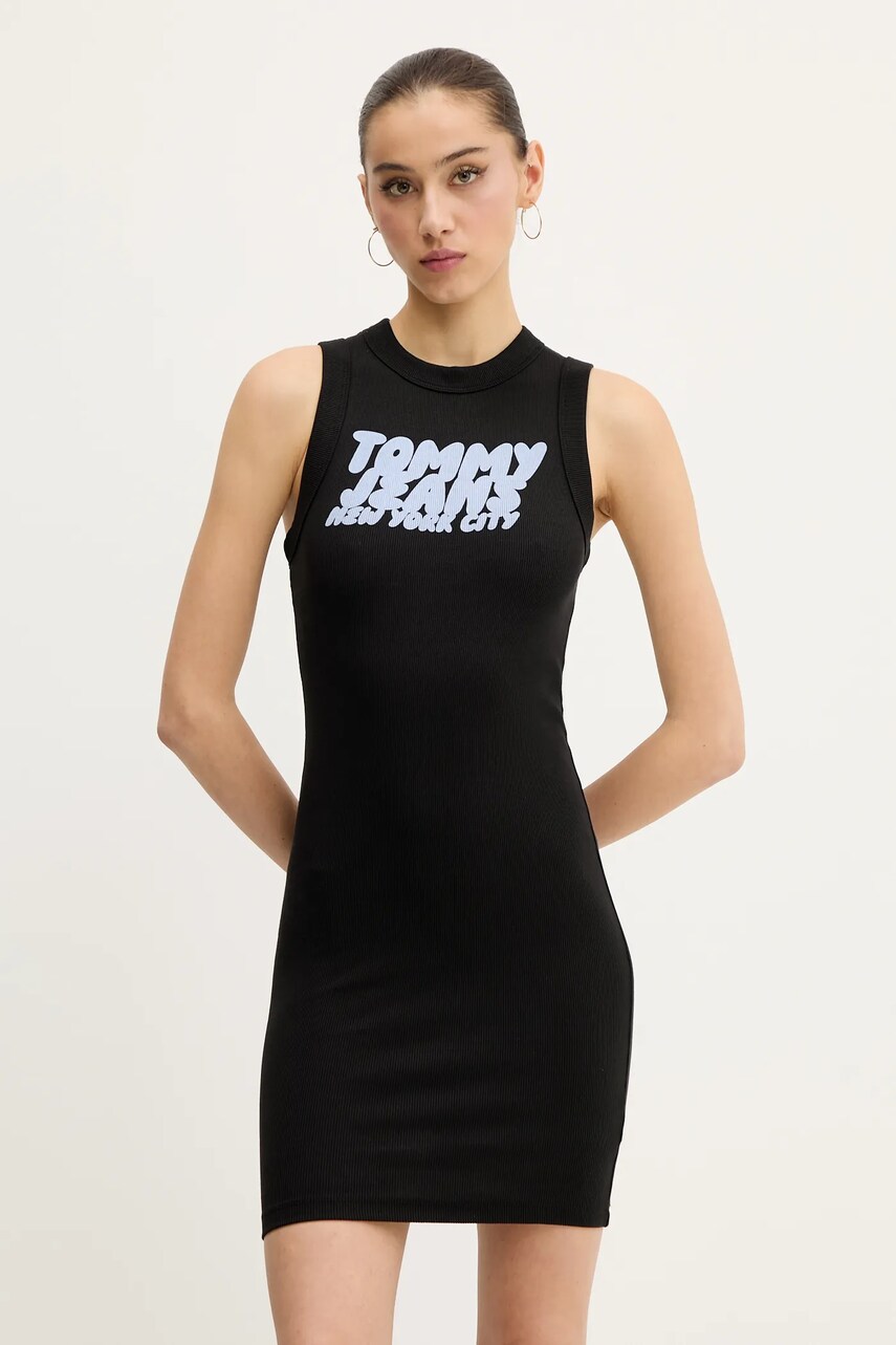 Tommy Jeans rochie culoarea negru, mini, mulata, DW0DW21351