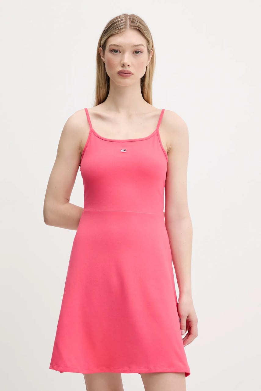 Tommy Jeans rochie culoarea roz, mini, evazati, DW0DW21354 Tommy Jeans rochie culoarea roz, mini, evazati, DW0DW21354