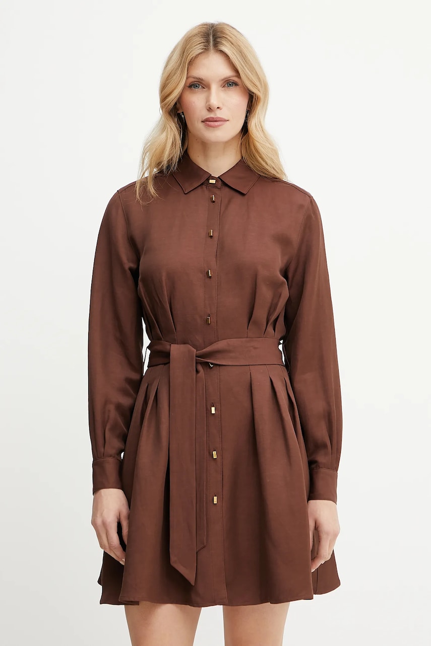 Levně Šaty s příměsí lnu Marciano Guess GRETA hnědá barva, mini, 5GGK36 7316A