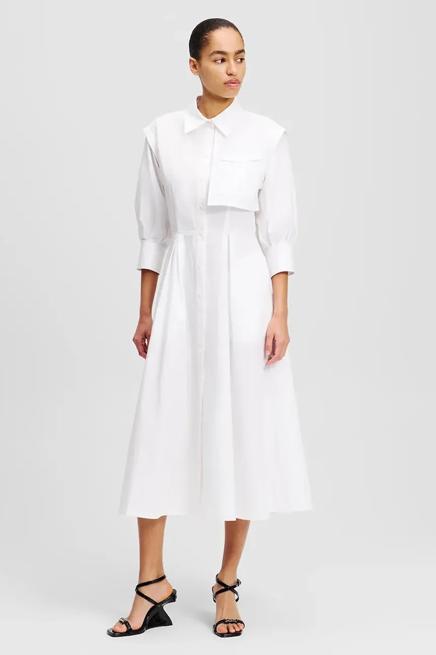 Karl Lagerfeld rochie din bumbac culoarea alb, midi, evazati, A2W13005 Karl Lagerfeld rochie din bumbac culoarea alb, midi, evazati, A2W13005