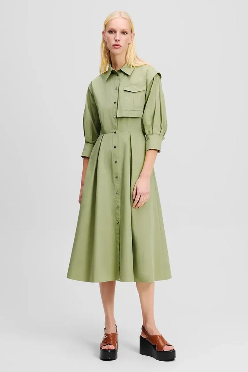 Бавовняна сукня Karl Lagerfeld колір зелений midi розкльошена A2W13005