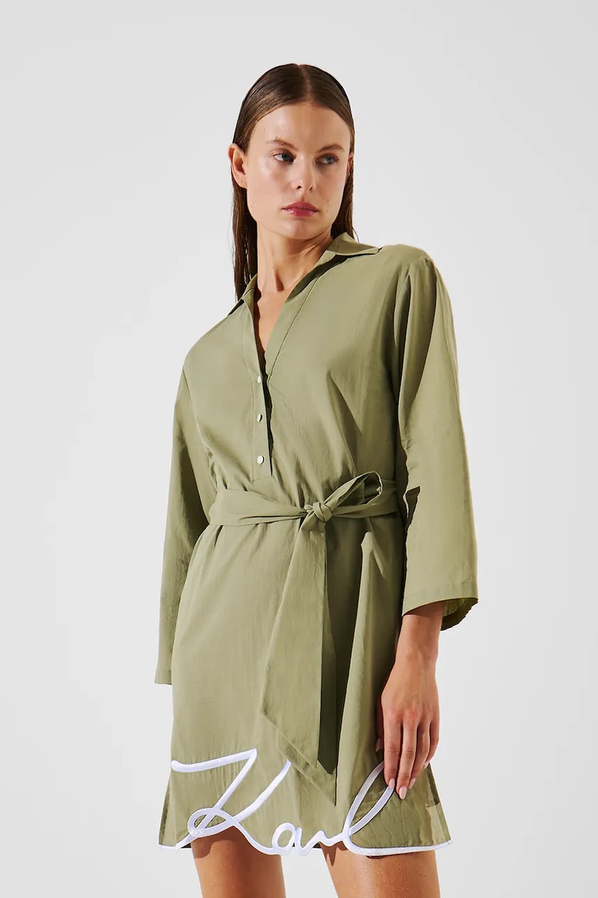 Karl Lagerfeld rochie din bumbac culoarea verde, mini, drept, A2W46075 Karl Lagerfeld rochie din bumbac culoarea verde, mini, drept, A2W46075
