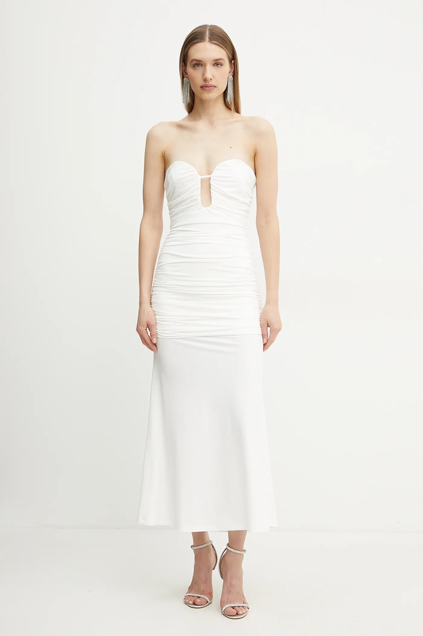 Bardot rochie culoarea alb, maxi, mulată, 59692DB1