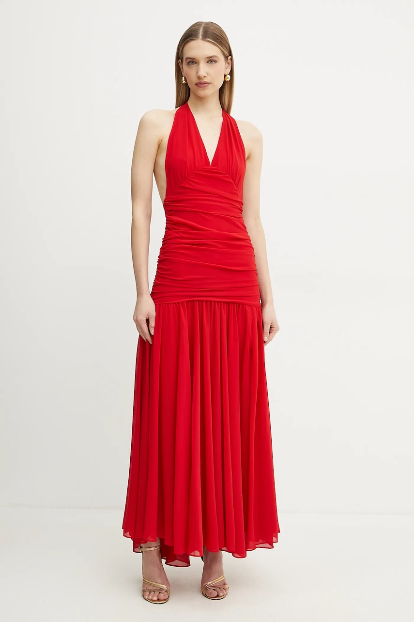 Bardot rochie culoarea rosu, maxi, evazată, 59835DB