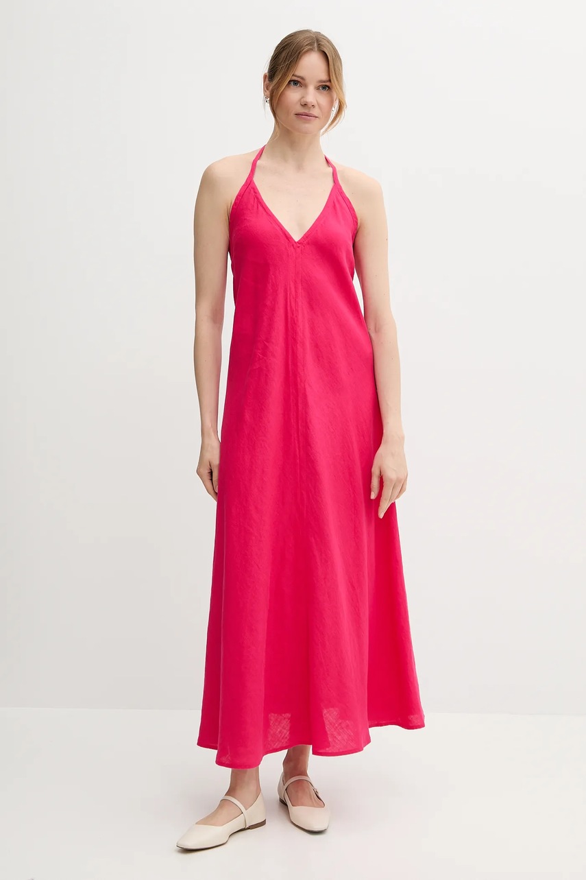 Льняное платье United Colors of Benetton цвет розовый maxi расклешённое 4AGHDV0BF