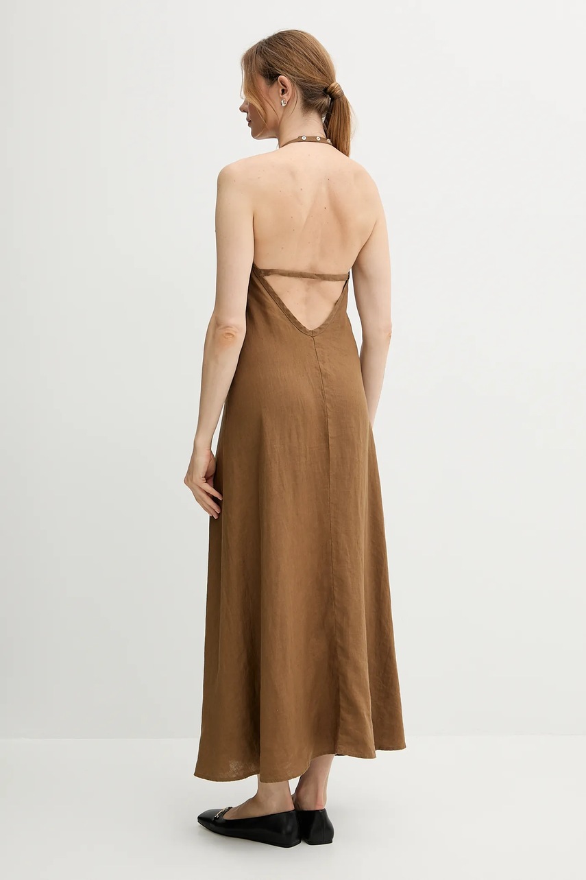 Льняна сукня United Colors of Benetton колір коричневий maxi розкльошена 4AGHDV0BF