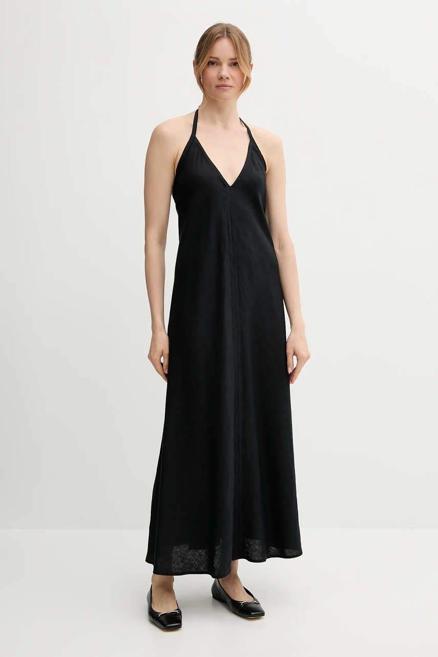 Льняное платье United Colors of Benetton цвет чёрный maxi расклешённое 4AGHDV0BF