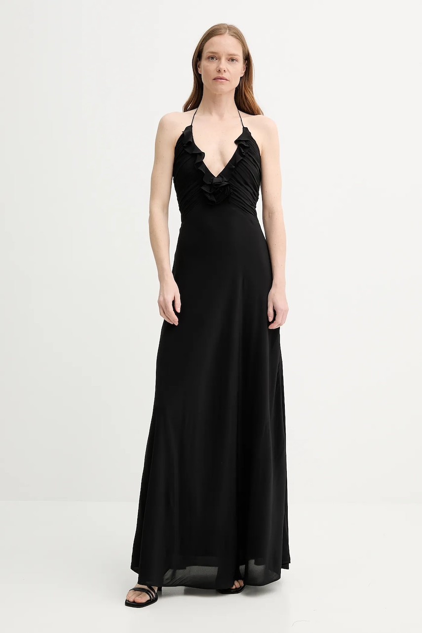 Сукня з домішкою шовку The Kooples колір чорний maxi розкльошена FROB30034K
