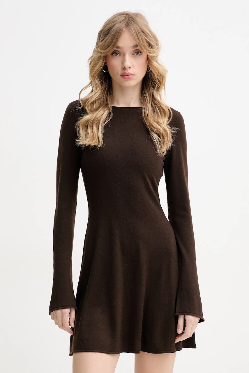 FROM FUTURE rochie din lână culoarea maro, mini, evazată, WRO02683