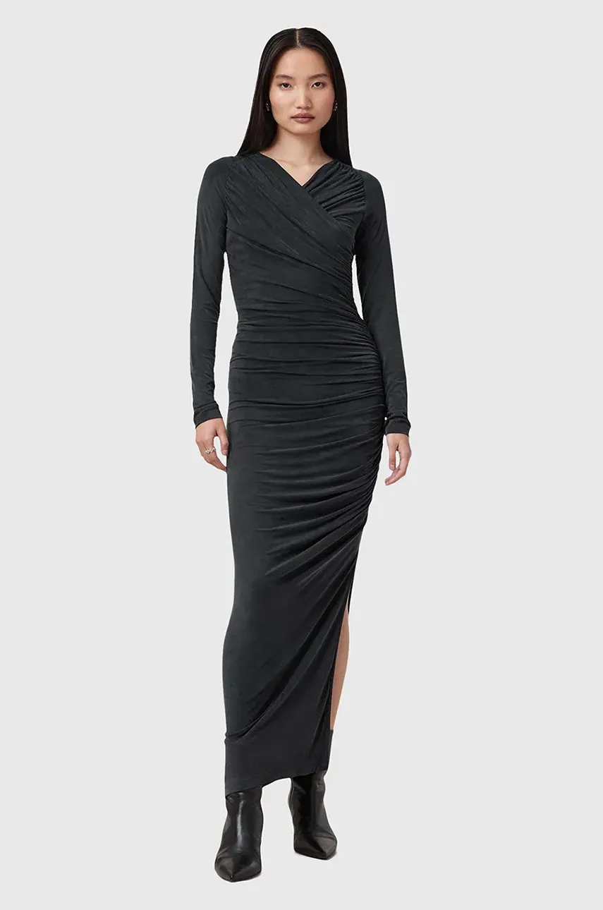 AllSaints rochie HANAKO CUPRO culoarea negru, maxi, mulată, W015DC