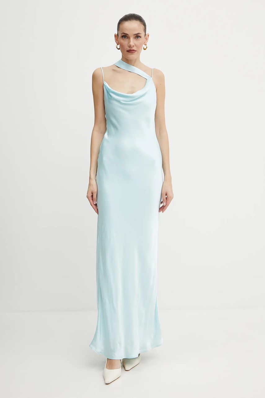 Bardot rochie culoarea turcoaz, maxi, mulată, 59789DB