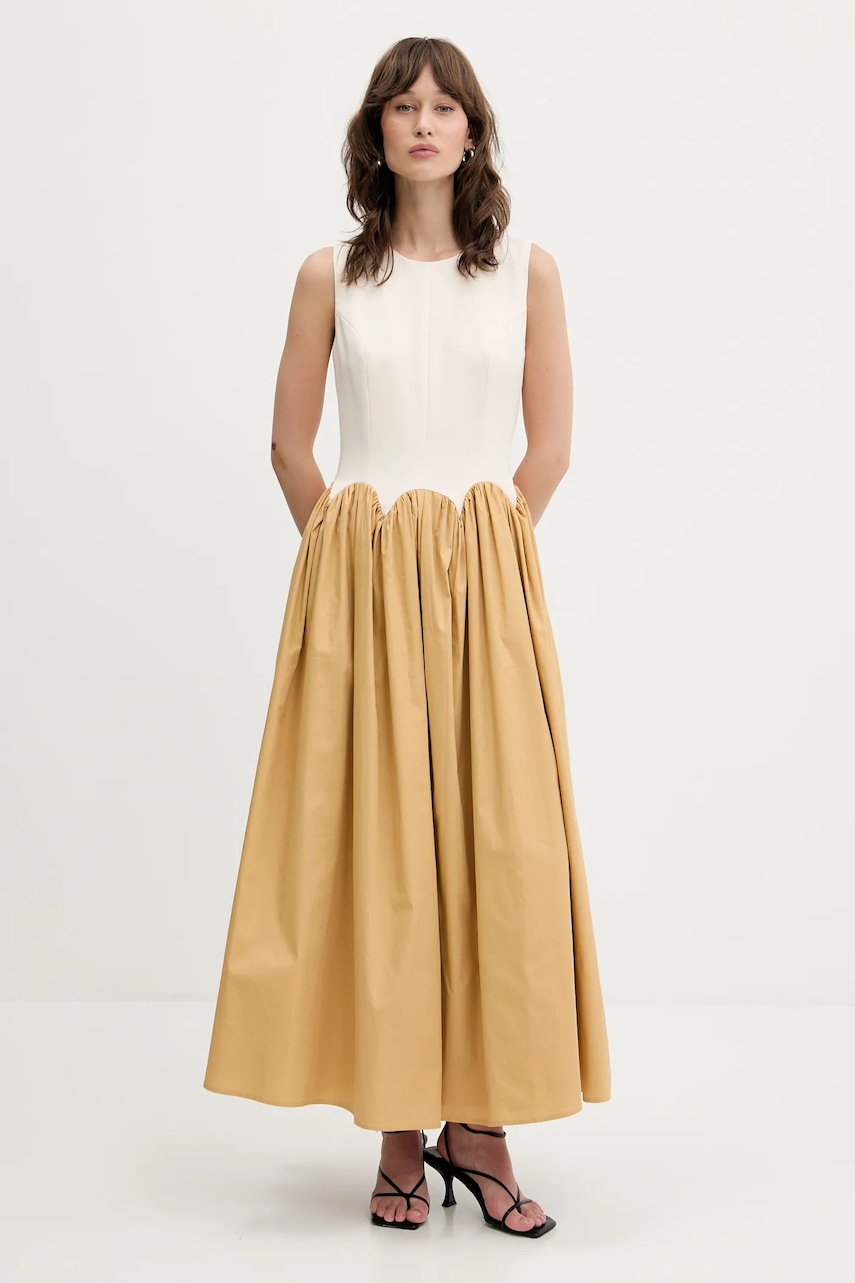 Never Fully Dressed rochie culoarea bej, maxi, evazată, NFDDR2182
